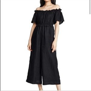 Joie 100% Linen Black Alverna Off The Shoulder Eyelet Cropped Wide Leg Jumpsuit